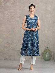 Indigo Blue Floral Printed A-Line Kurta