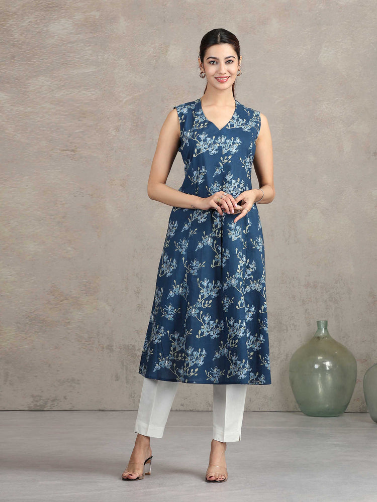 Indigo Blue Floral Printed A-Line Kurta