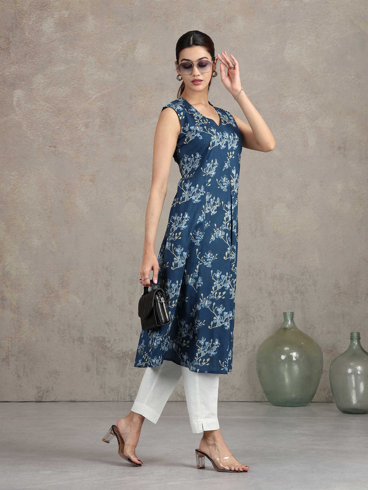 Indigo Blue Floral Printed A-Line Kurta