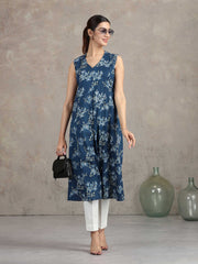 Indigo Blue Floral Printed A-Line Kurta