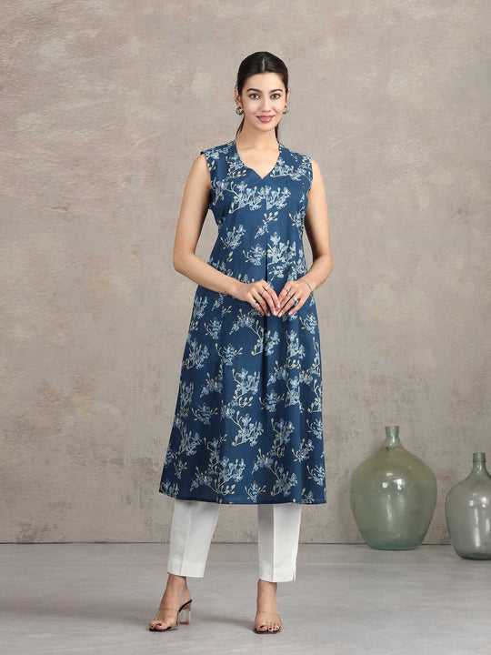 Indigo Blue Floral Printed A-Line Kurta