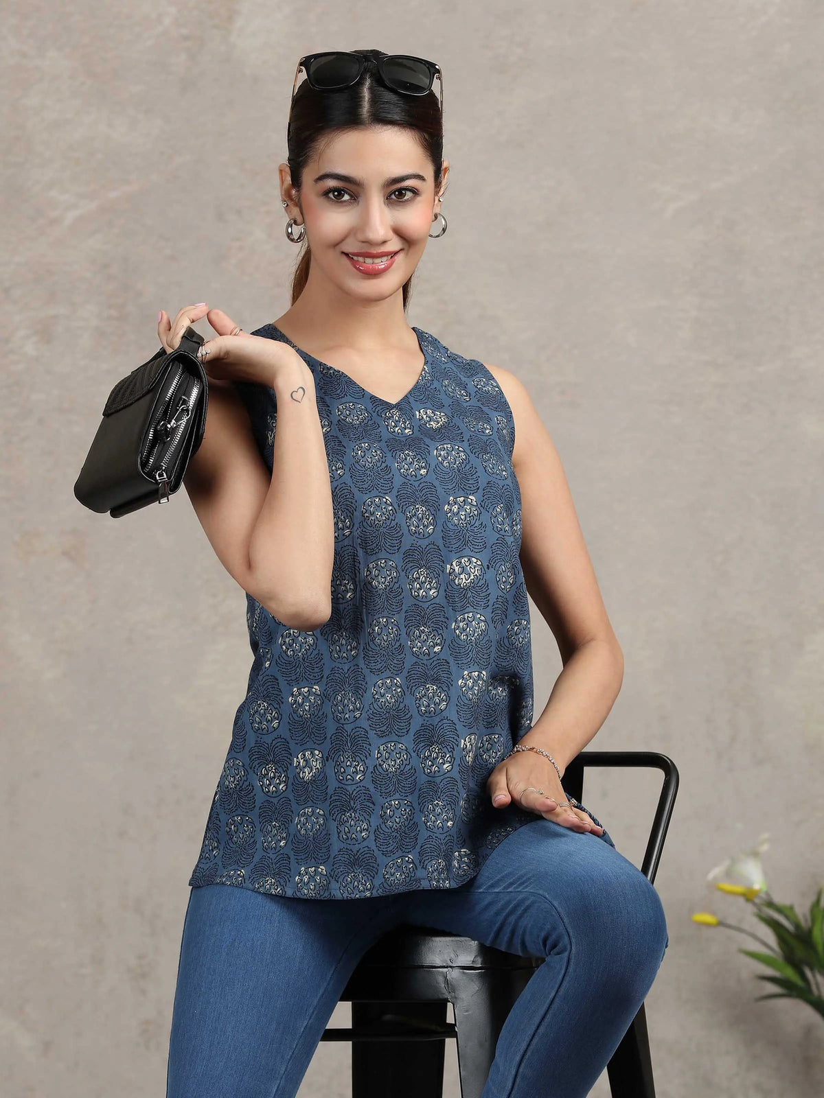 Indigo Blue Floral Printed Cotton Tunic