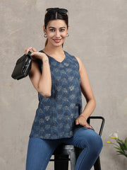 Indigo Blue Floral Printed Cotton Tunic