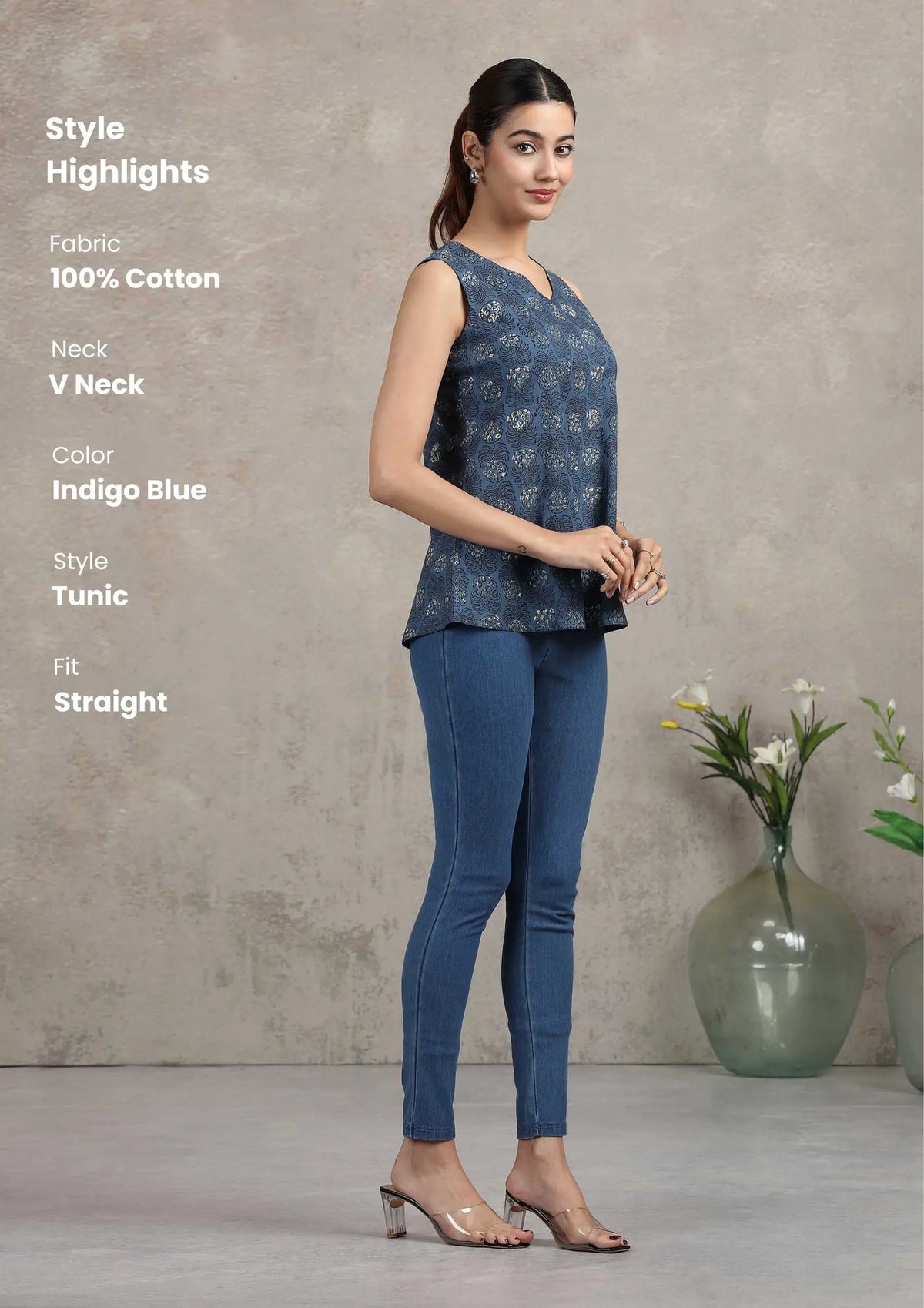 Indigo Blue Floral Printed Cotton Tunic
