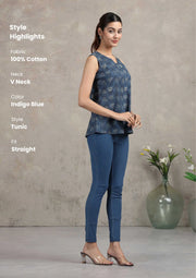Indigo Blue Floral Printed Cotton Tunic