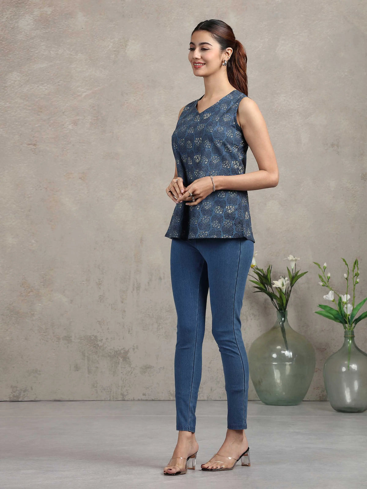 Indigo Blue Floral Printed Cotton Tunic