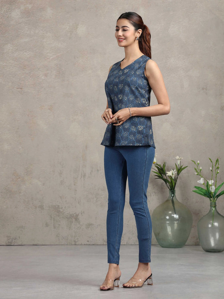 Indigo Blue Floral Printed Cotton Tunic