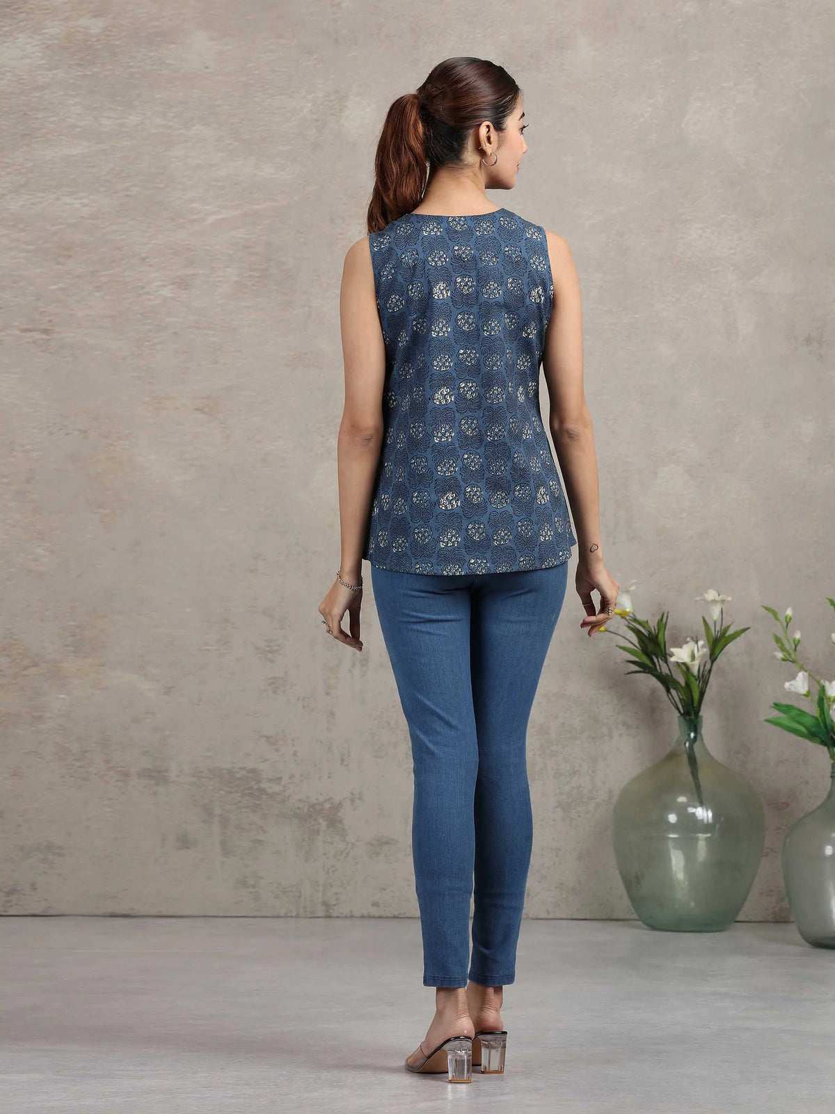 Indigo Blue Floral Printed Cotton Tunic