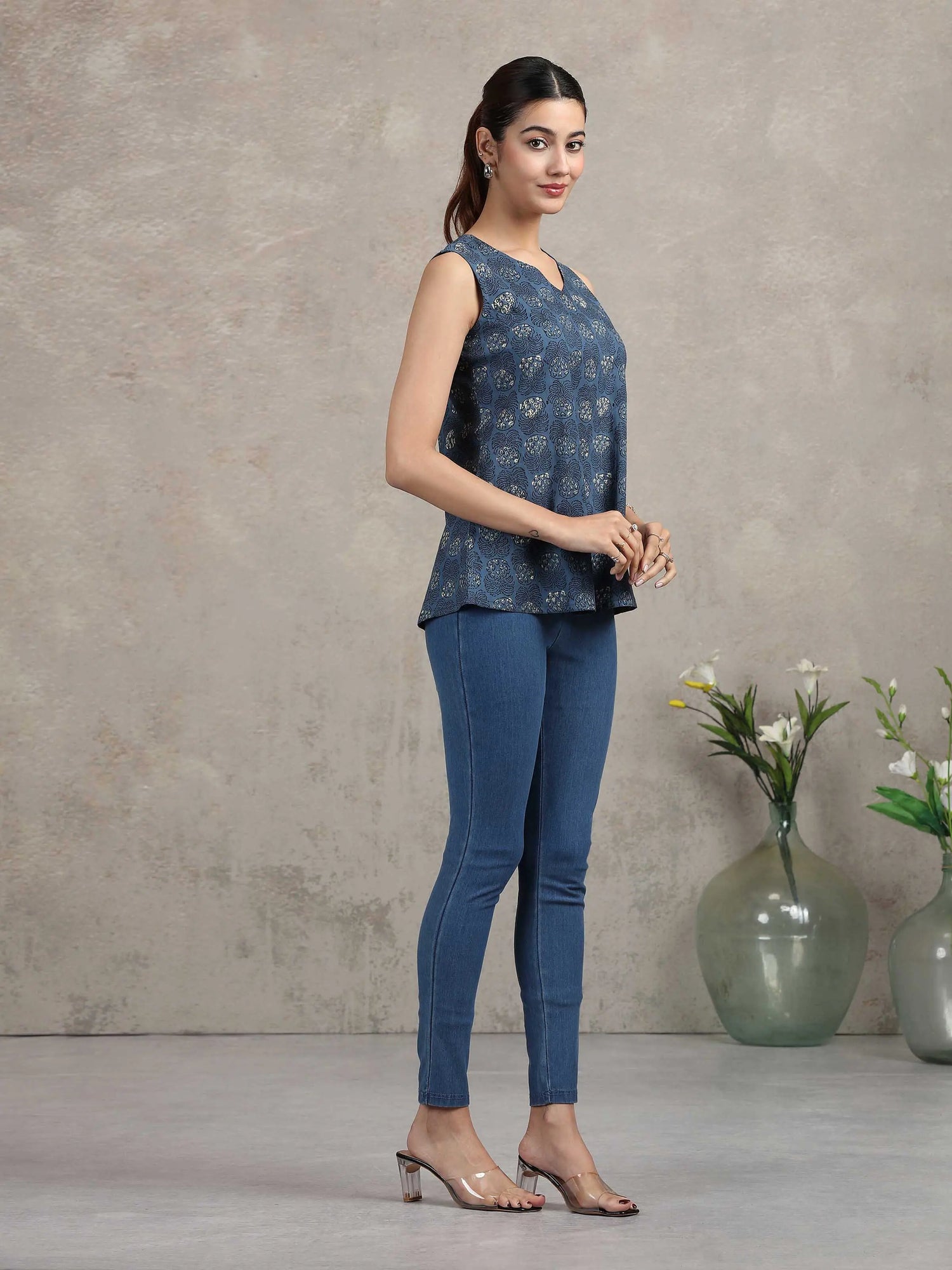 Indigo Blue Floral Printed Cotton Tunic
