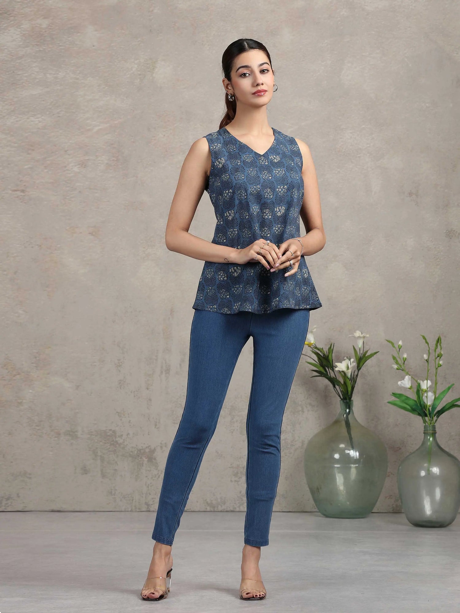 Indigo Blue Floral Printed Cotton Tunic