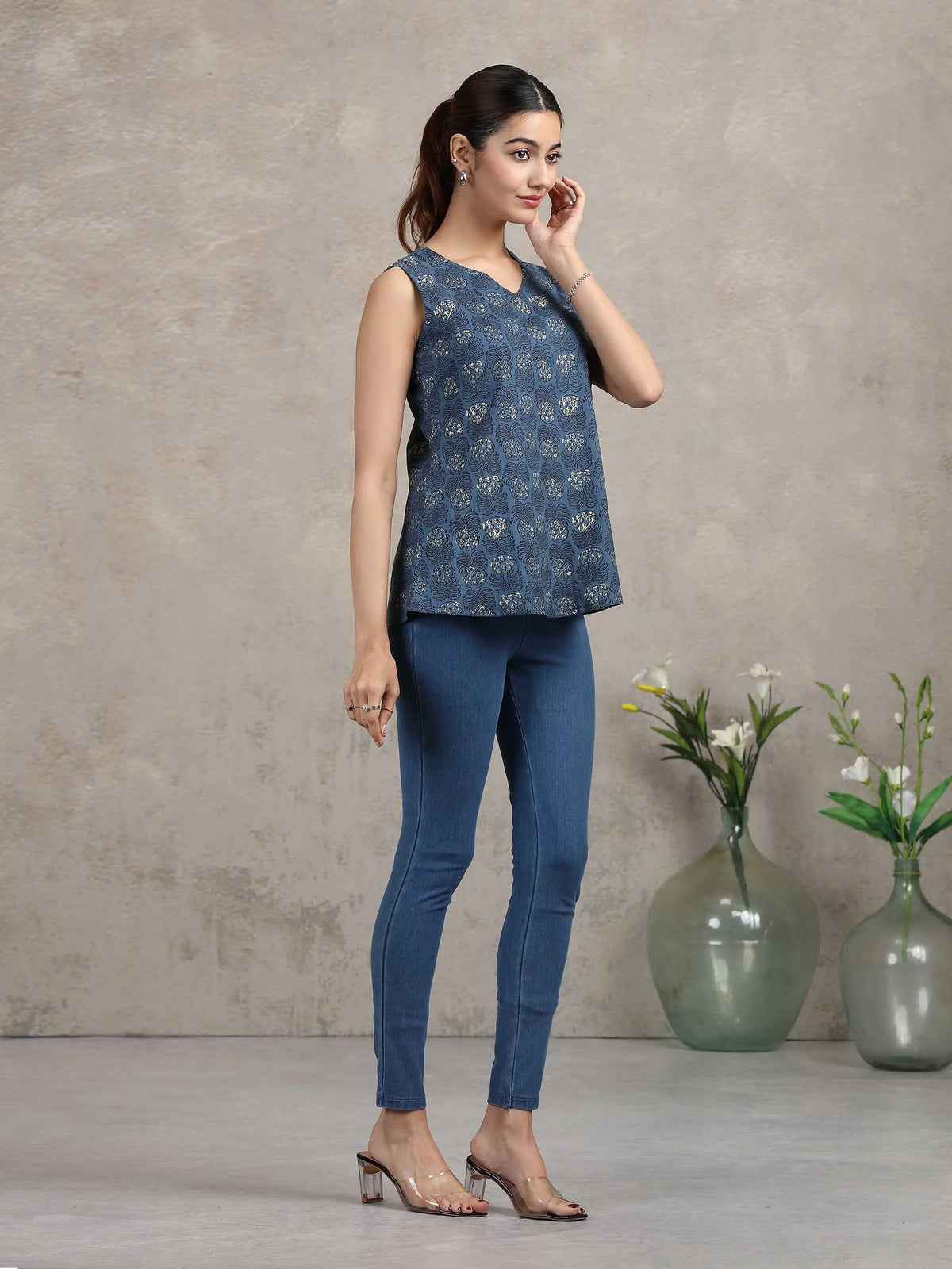 Indigo Blue Floral Printed Cotton Tunic