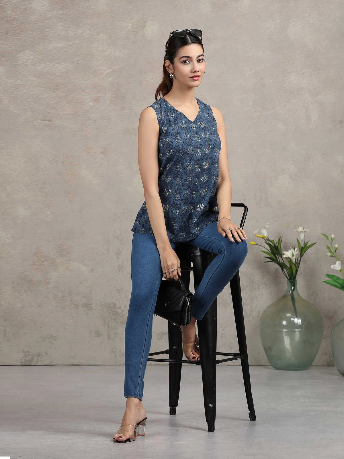 Indigo Blue Floral Printed Cotton Tunic