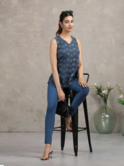 Indigo Blue Floral Printed Cotton Tunic