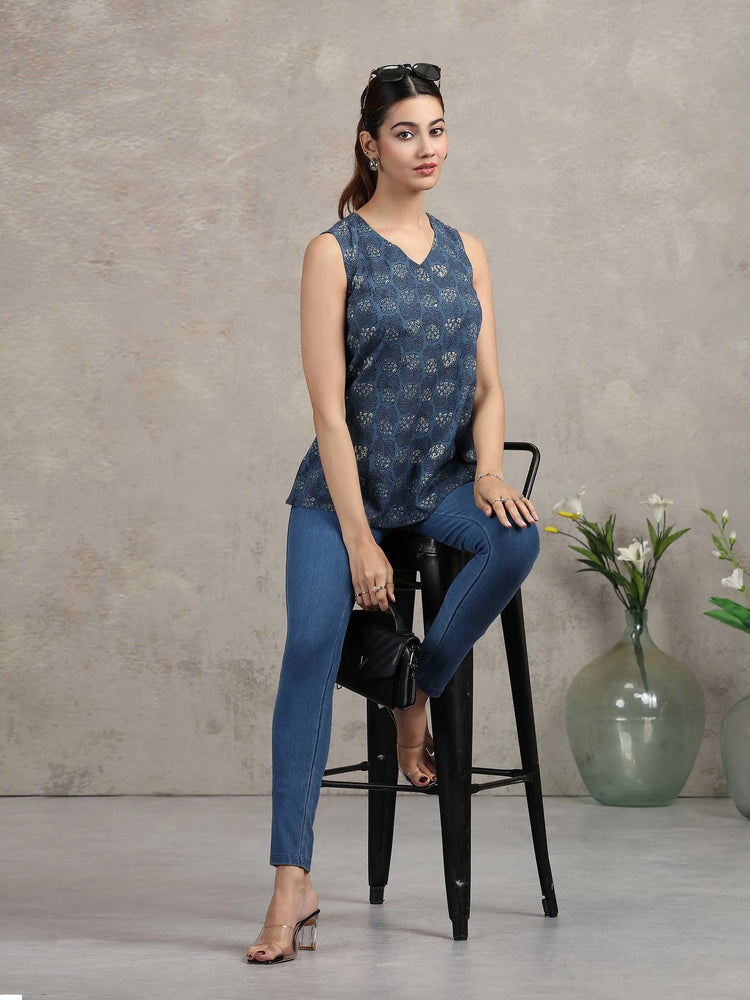 Indigo Blue Floral Printed Cotton Tunic