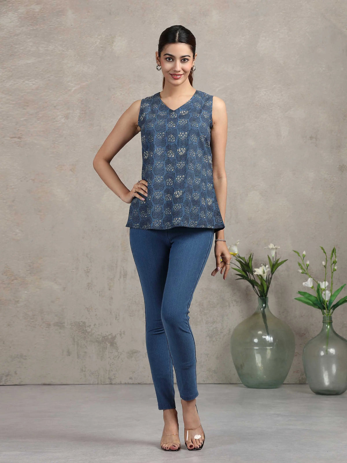 Indigo Blue Floral Printed Cotton Tunic