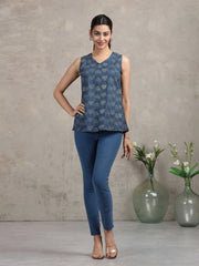 Indigo Blue Floral Printed Cotton Tunic