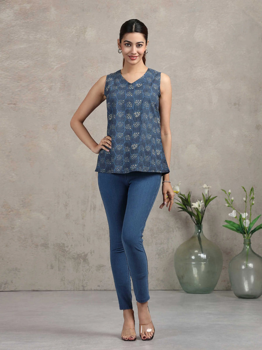 Indigo Blue Floral Printed Cotton Tunic