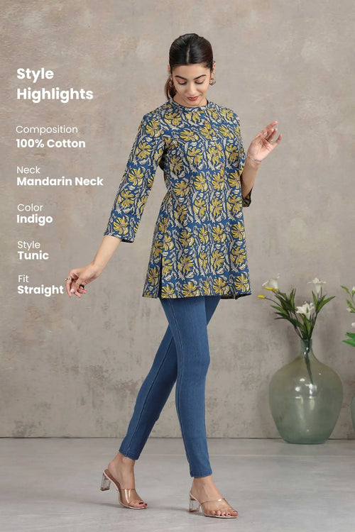 Indigo Floral Printed Straight Tunic