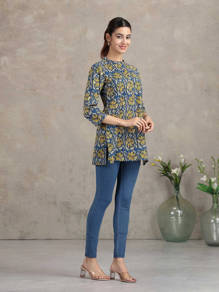 Indigo Floral Printed Straight Tunic