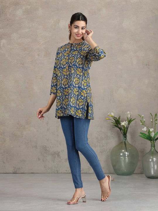 Indigo Floral Printed Straight Tunic