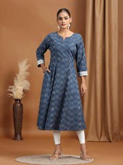 Indigo Blue Foliage Printed A-Line Kurta