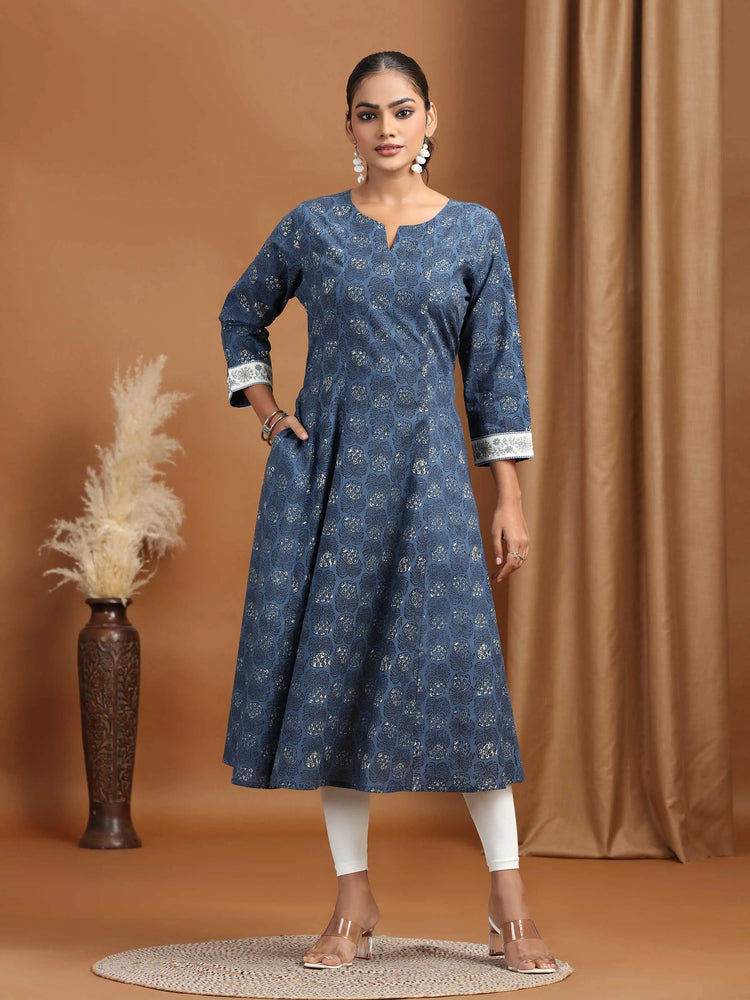 Indigo Blue Foliage Printed A-Line Kurta