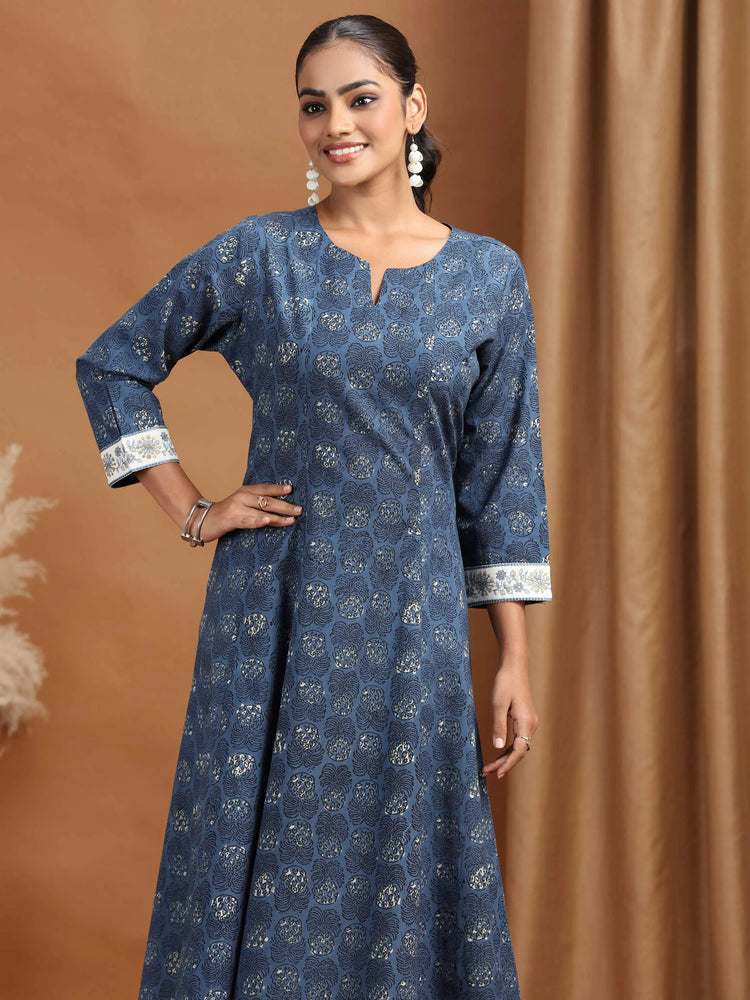 Indigo Blue Foliage Printed A-Line Kurta