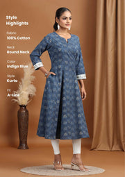Indigo Blue Foliage Printed A-Line Kurta