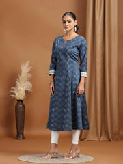 Indigo Blue Foliage Printed A-Line Kurta