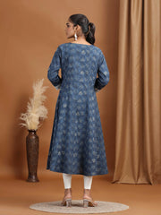 Indigo Blue Foliage Printed A-Line Kurta