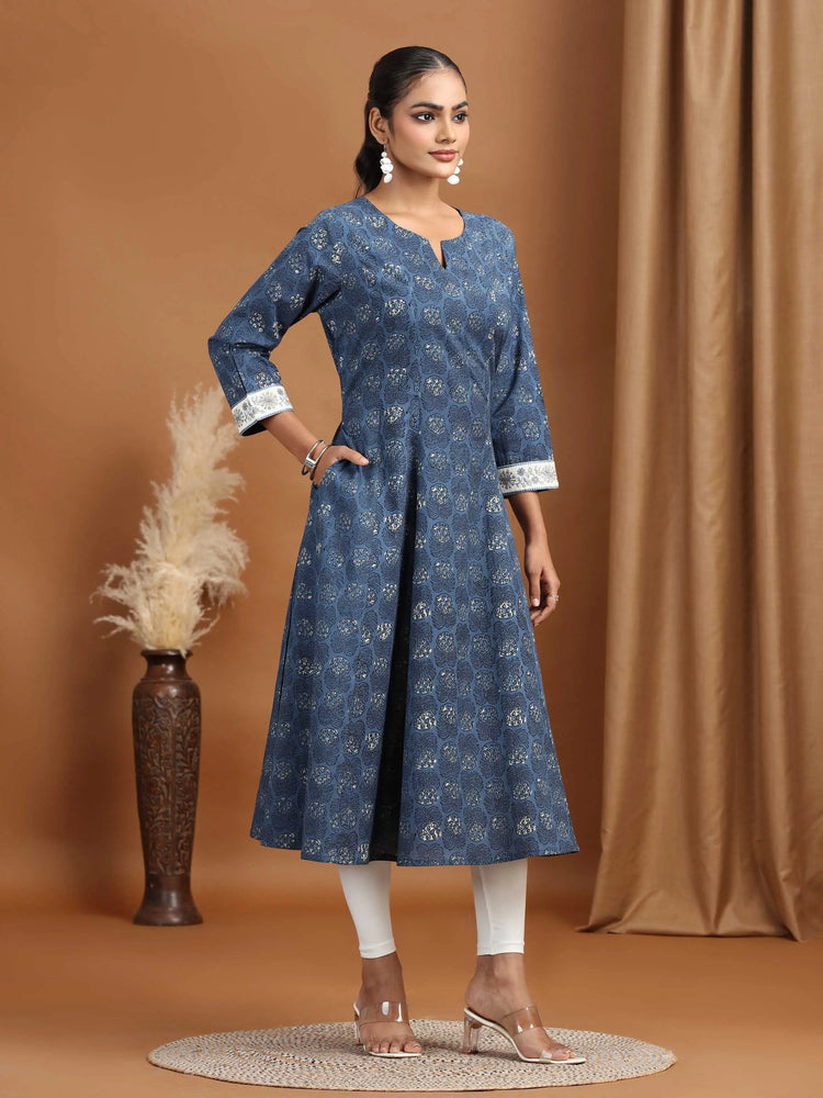 Indigo Blue Foliage Printed A-Line Kurta
