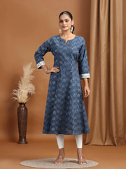 Indigo Blue Foliage Printed A-Line Kurta