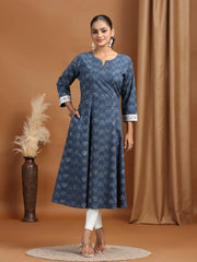 Indigo Blue Foliage Printed A-Line Kurta