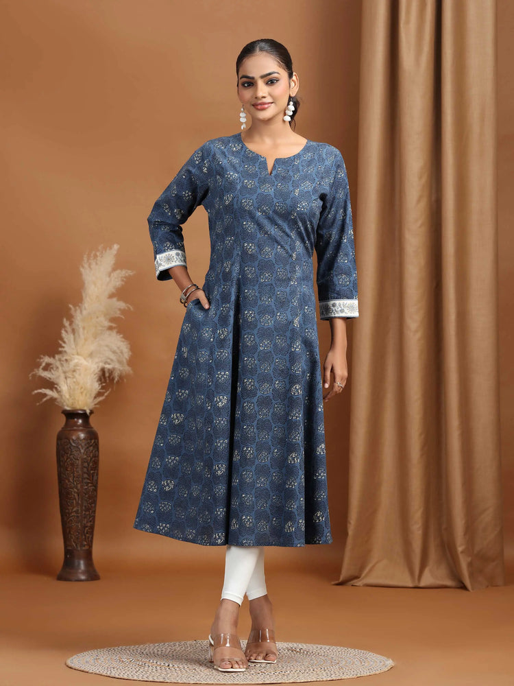 Indigo Blue Foliage Printed A-Line Kurta