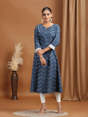 Indigo Blue Foliage Printed A-Line Kurta