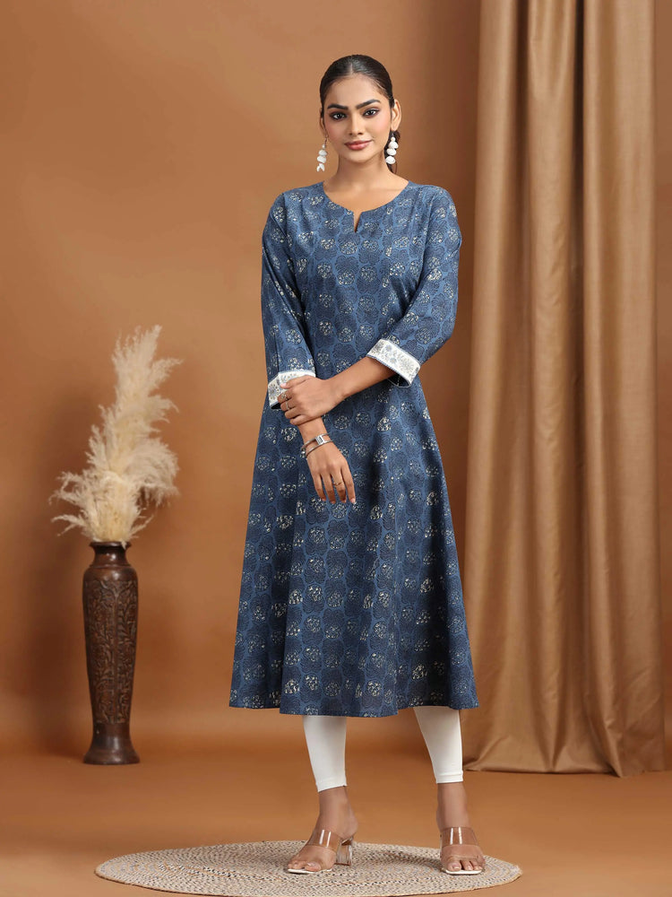 Indigo Blue Foliage Printed A-Line Kurta