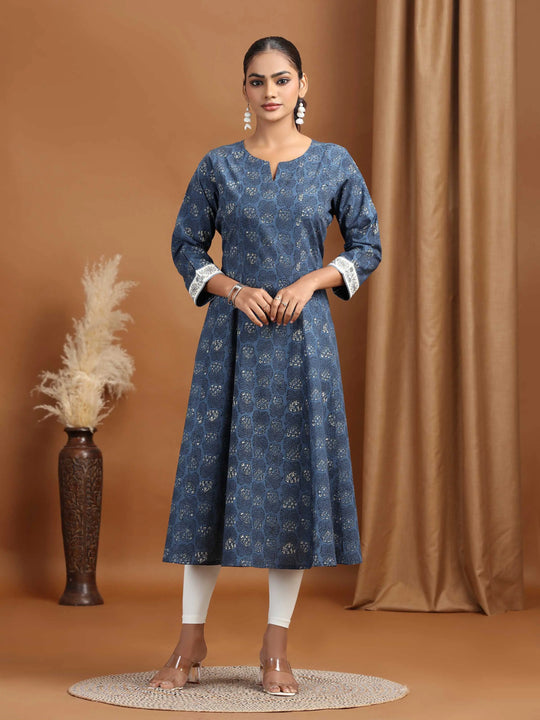 Indigo Blue Foliage Printed A-Line Kurta