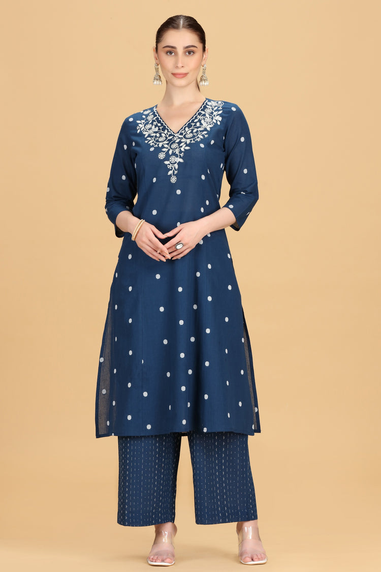 Indigo Blue Handloom Cotton Embroidered Straight Kurta Pant Co ord Set
