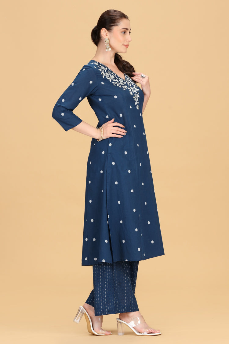 Indigo Blue Handloom Cotton Embroidered Straight Kurta Pant Co ord Set