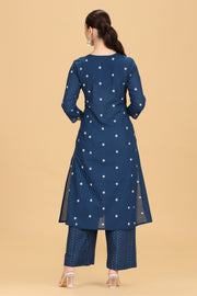 Indigo Blue Handloom Cotton Embroidered Straight Kurta Pant Co ord Set