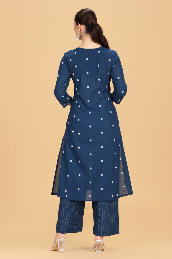 Indigo Blue Handloom Cotton Embroidered Straight Kurta Pant Co ord Set