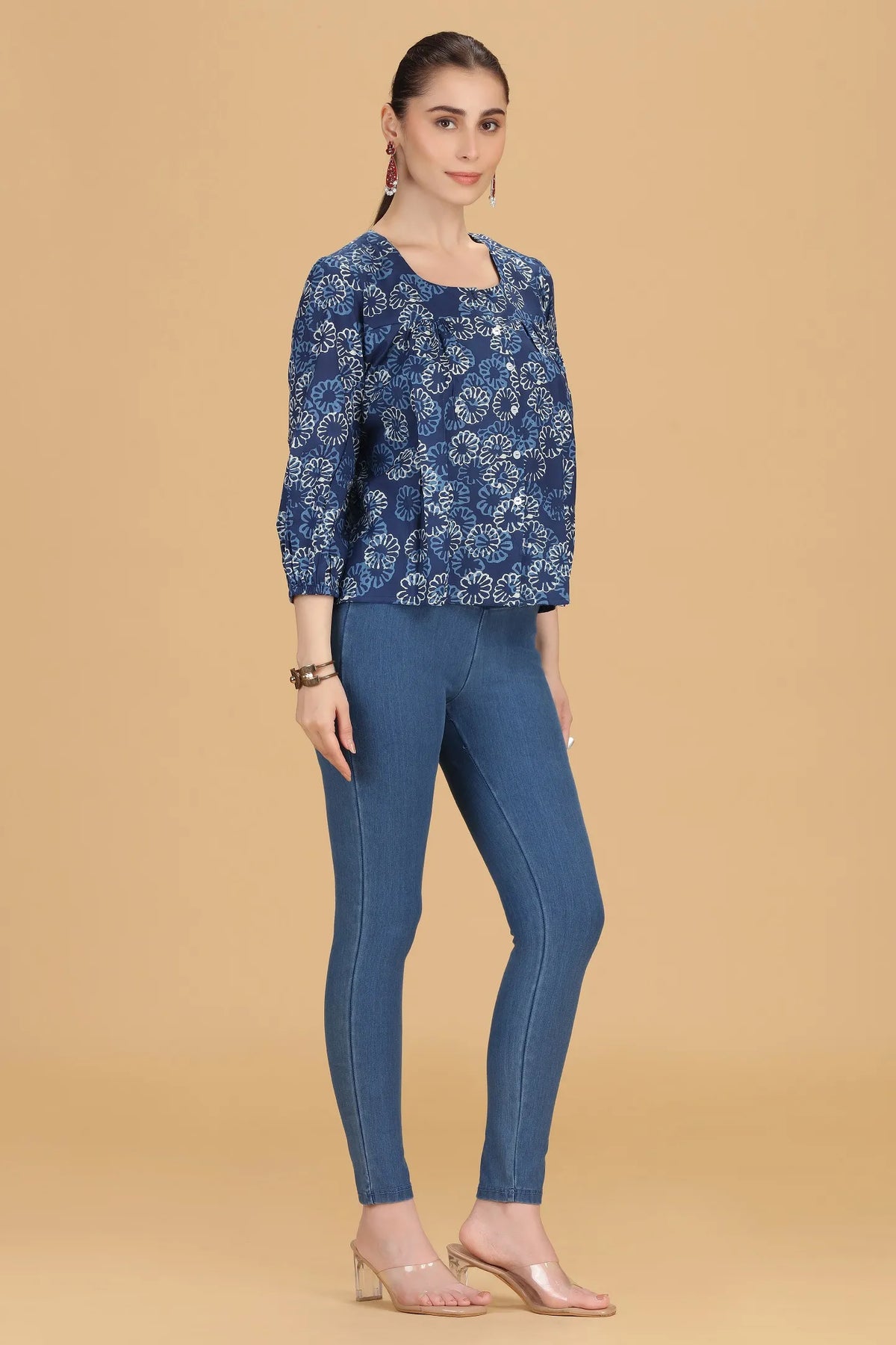 Indigo Jaipuri Cotton Printed Flared Short Kurta for women