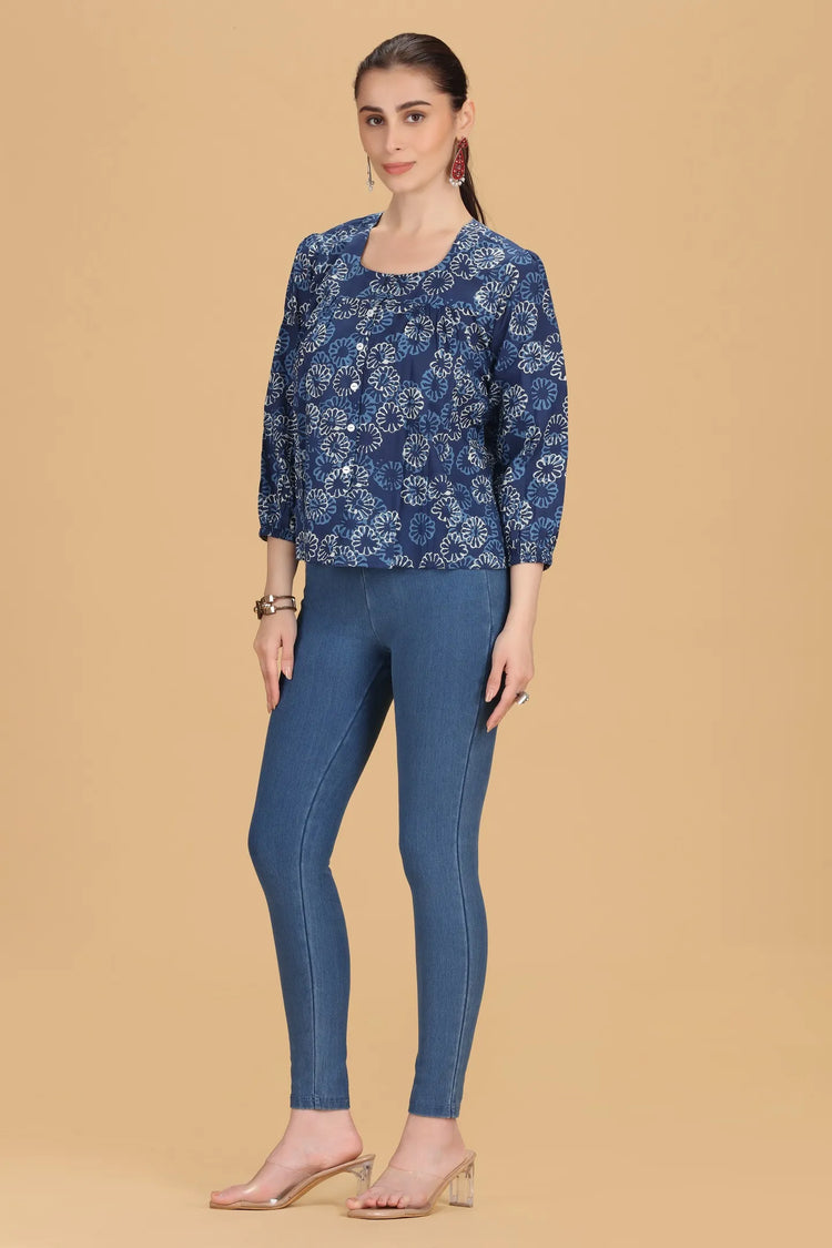 Indigo Jaipuri Cotton Printed Flared Short Kurta for women