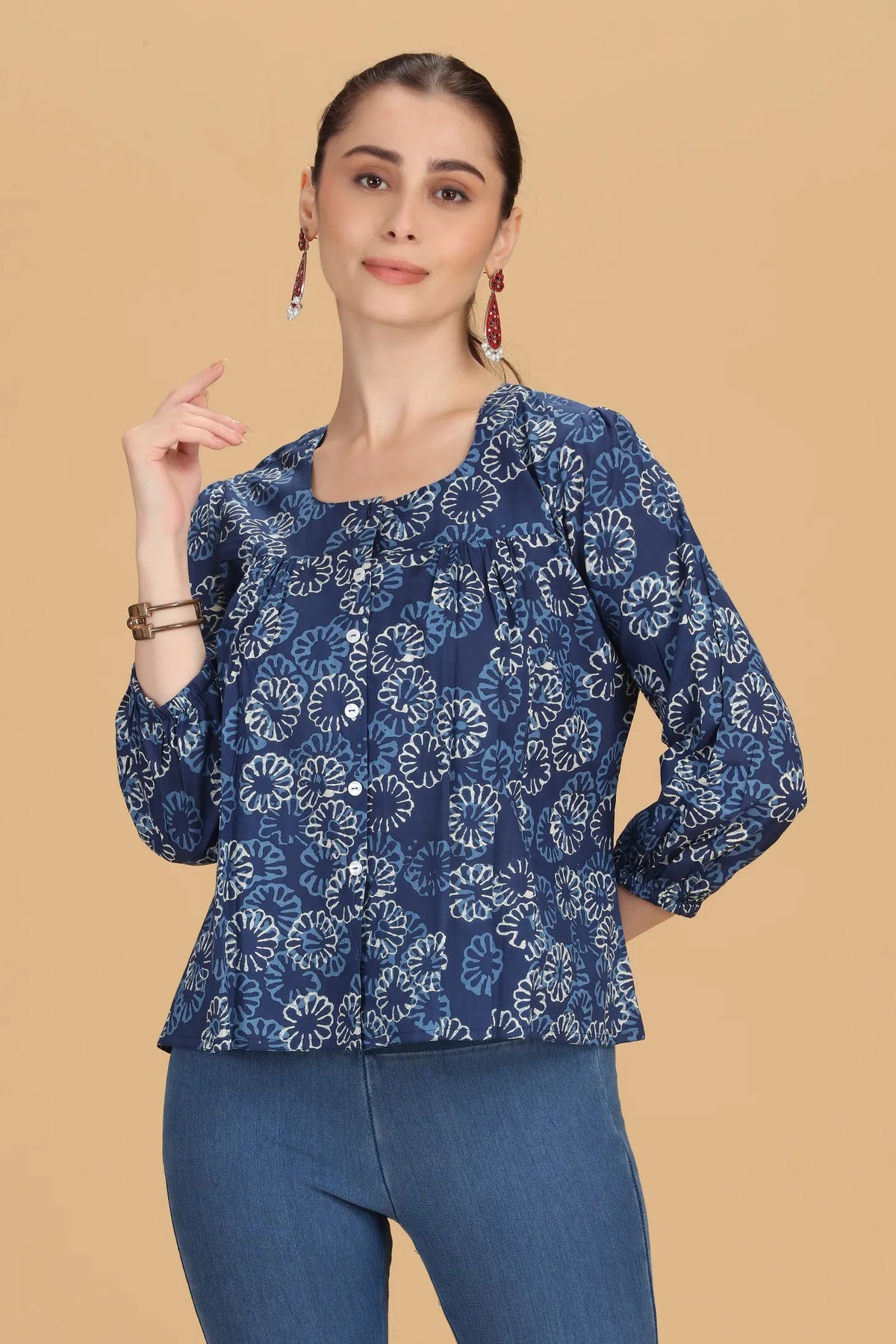 Indigo Jaipuri Cotton Printed Flared Short Kurta for women