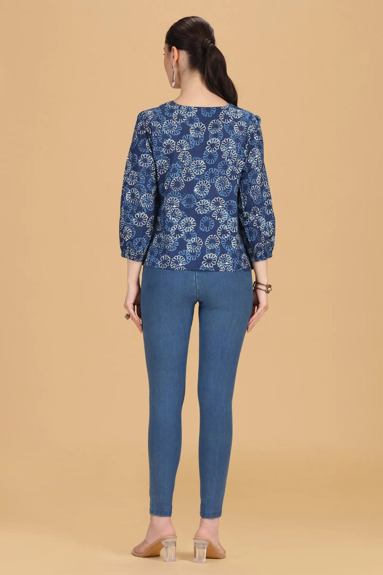 Indigo Jaipuri Cotton Printed Flared Short Kurta for women