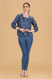 Indigo Jaipuri Cotton Printed Flared Short Kurta for women