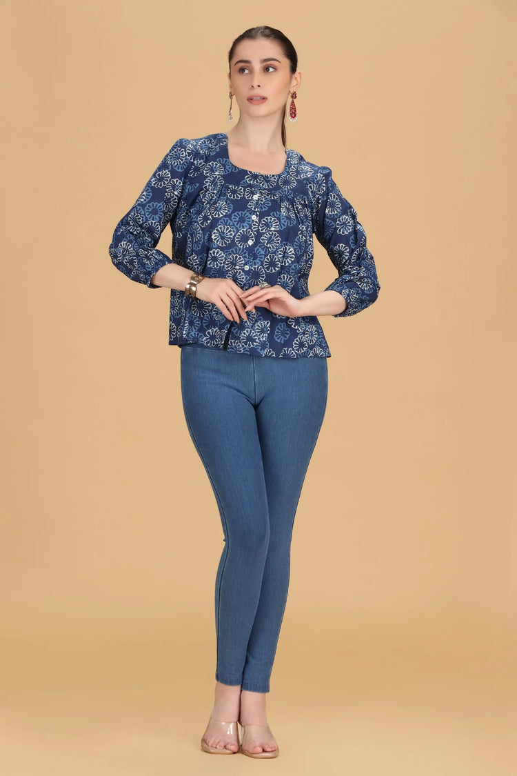 Indigo Jaipuri Cotton Printed Flared Short Kurta for women