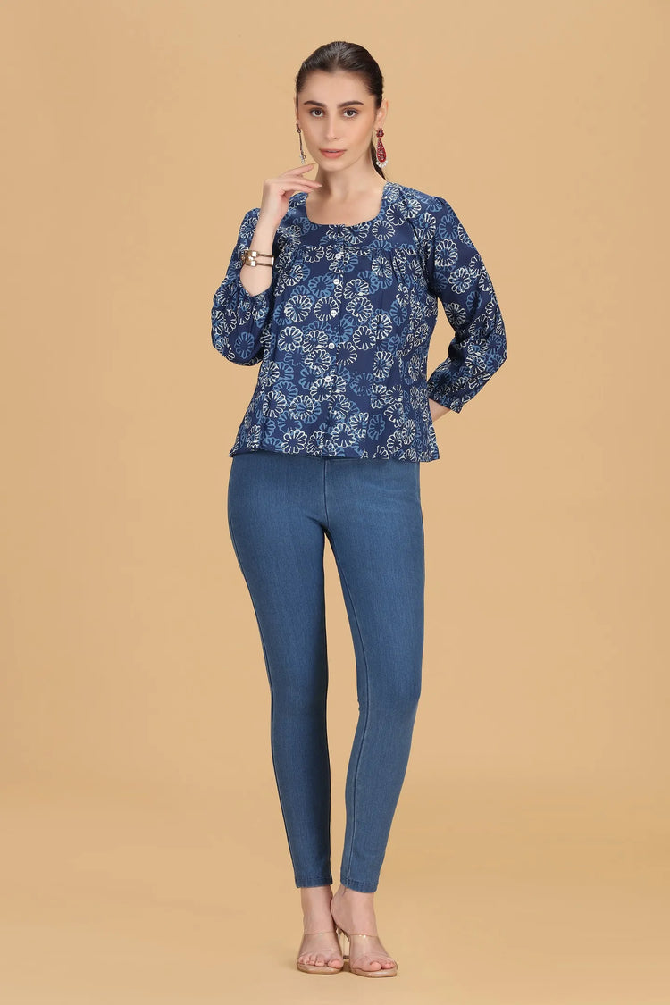 Indigo Jaipuri Cotton Printed Flared Short Kurta for women