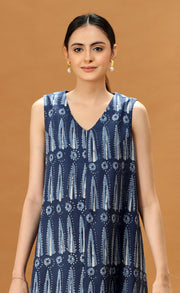 Indigo Blue Printed A-Line Cotton Dress