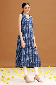 Indigo Blue Printed A-Line Cotton Dress